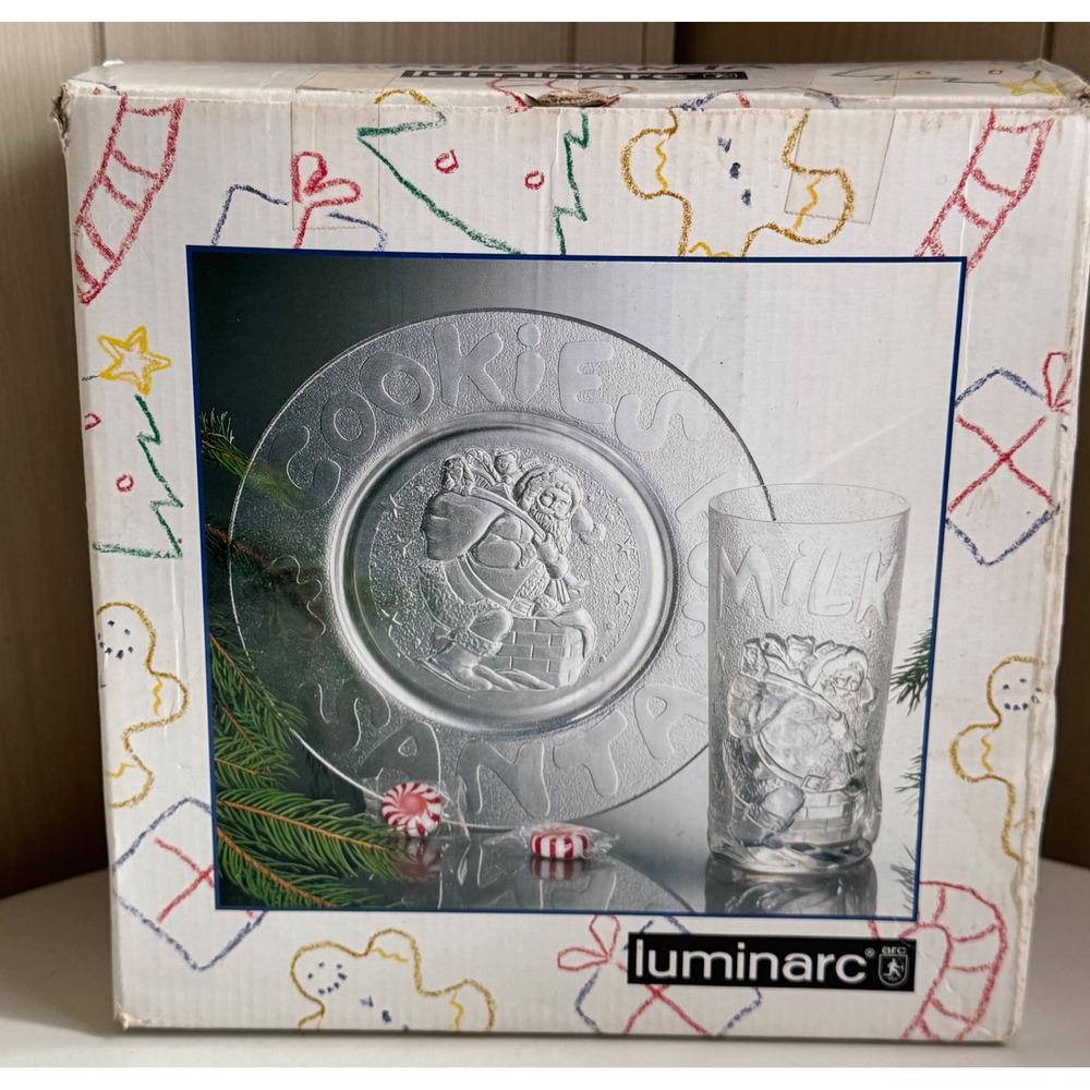 Luminarc Cookies for Santa Glass Plate and Milk Tumbler Set Christmas Vintage